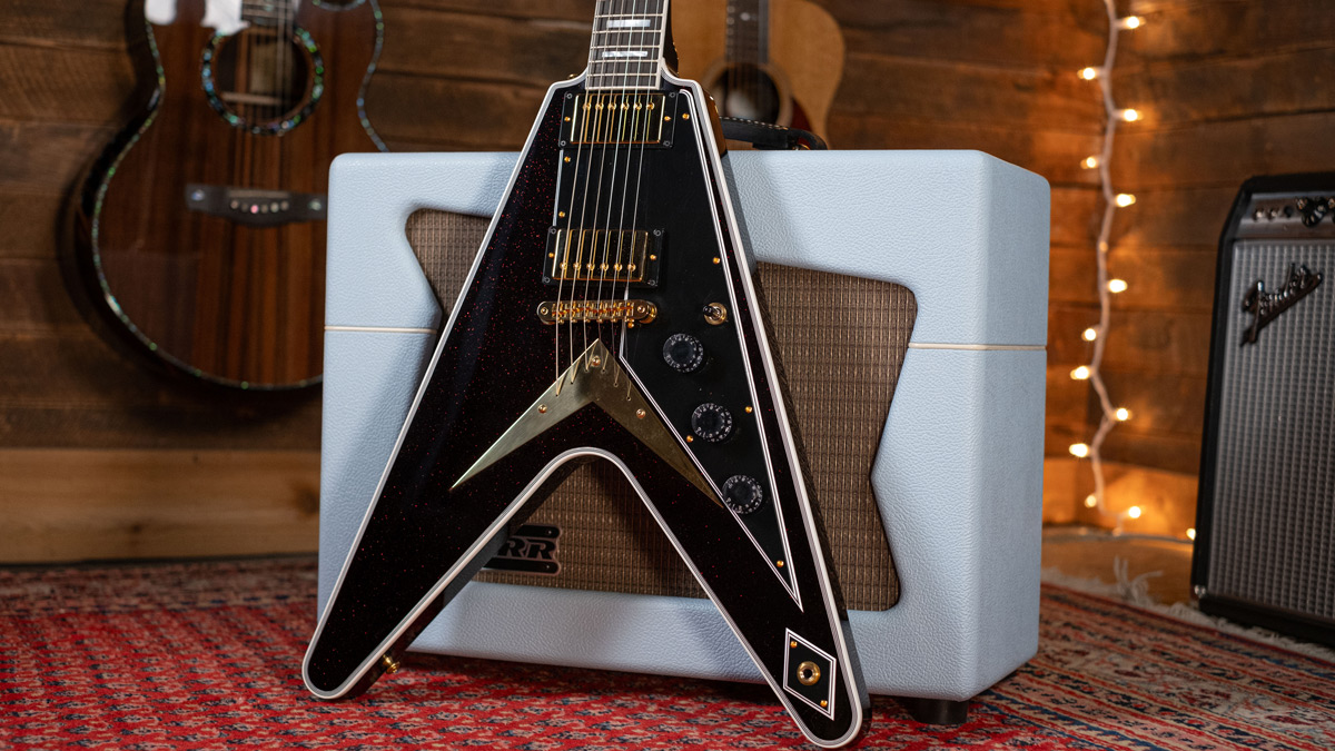 Gibson Flying resting on amp